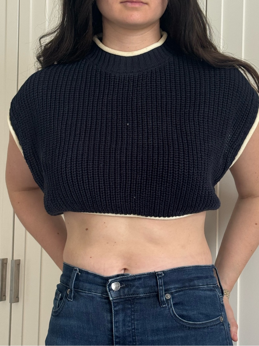 Zara Navy Crop Knit Shell with Cream Trim and lace up back size s